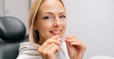 Woman in sweater sitting in dental chair about to put in clear aligner