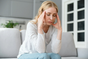 Woman sitting on couch rubbing her head